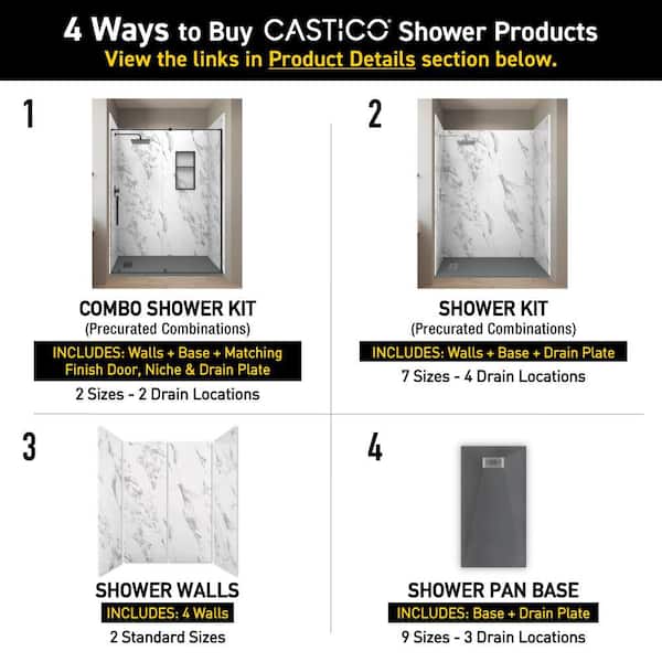 CASTICO - Carrara 32 in. x 60 in. x 84 in. Solid Composite Stone Alcove Shower Kit with Walls and Graphite Pan Base L/R Drain