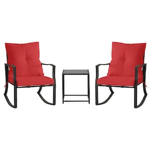 Red 3-Piece Metal Outdoor Rocking Chair with Glass Coffee Table and Cushions for Garden, Balcony, Pool, Backyard