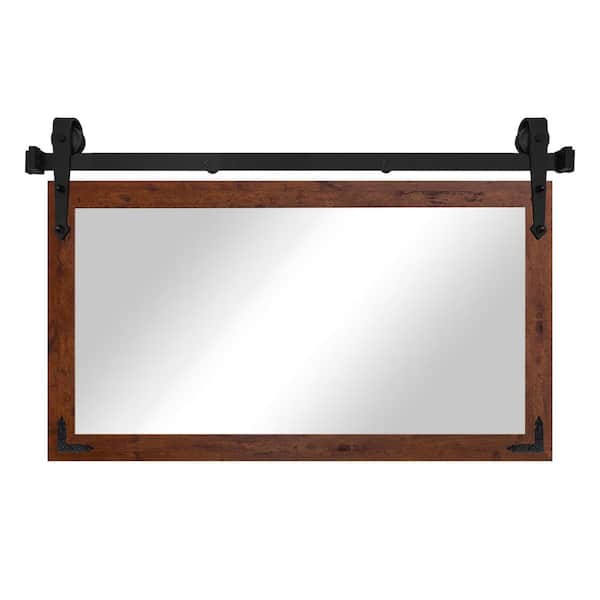 (33 in. W x 46 in. H) Dark Brown Mirror with Steel Barn Door Track and Decorative Metal Corner Brackets