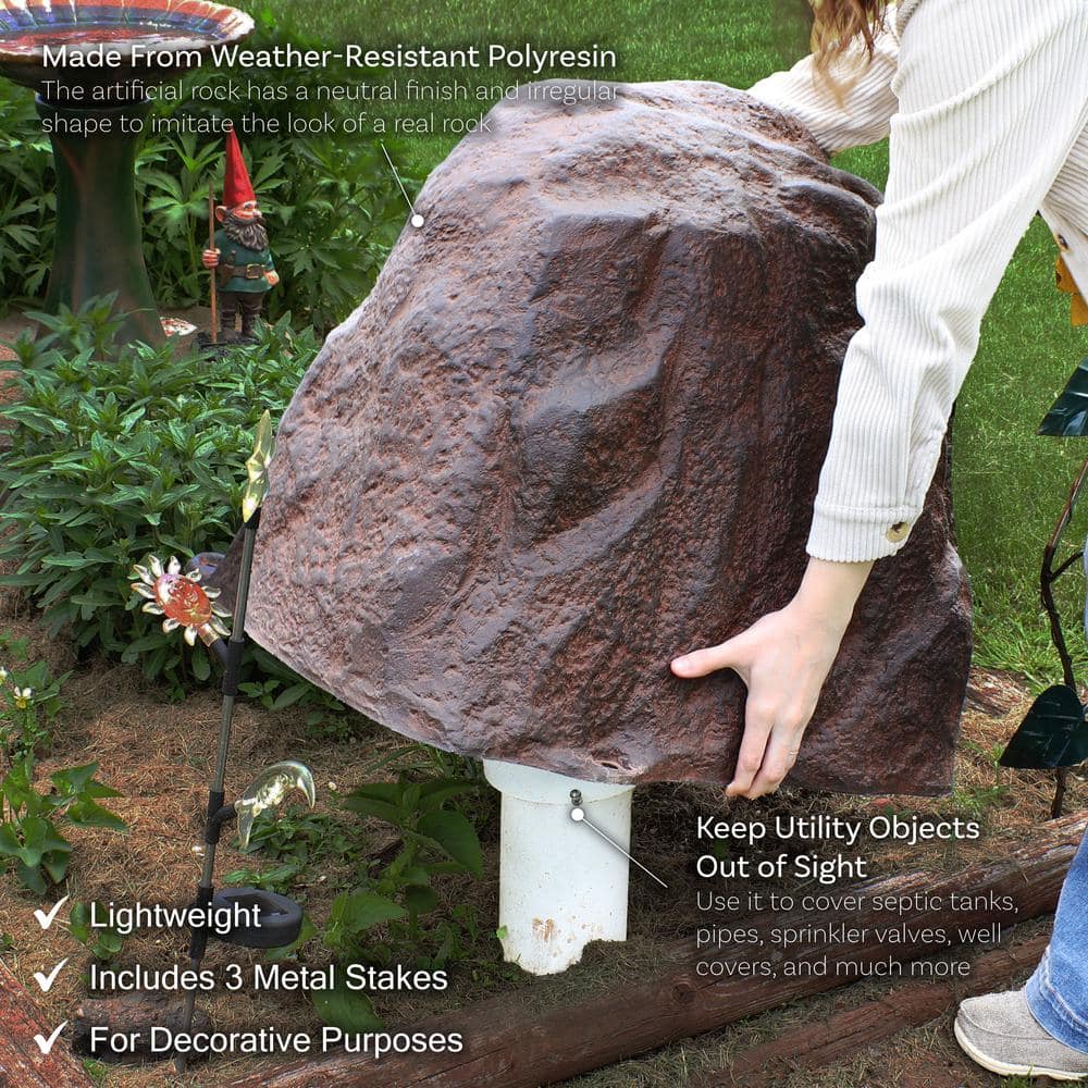 Brown Polyresin Faux Landscape Rock Cover with Metal Stakes
