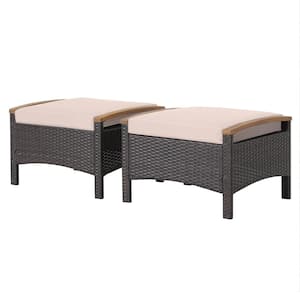 Wicker Outdoor Ottoman with Footrest Beige Cushions Wooden Handle (2-Pack)