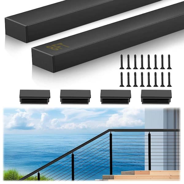 KIWDZFU 2.36 in. H x 96 in. W Black Aluminum Rectangular Handrail, Coastal Projects, DIY, Stair Railing Kit, 8 Nylon End Caps