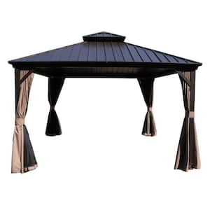 Caesar 12 ft. x 12 ft. Dark Brown Double Roof Permanent Hardtop Aluminum Gazebo with Netting and Sidewalls