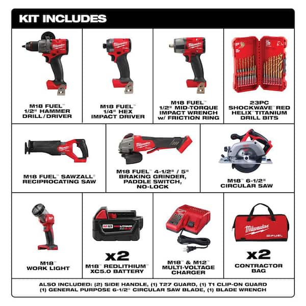 M18 FUEL 18V Lith-Ion Brushless Cordless Combo Kit w/ Two 5.0 Ah Batteries, Charger, Tool Bag, & Drill Bit Set (7-Tool)