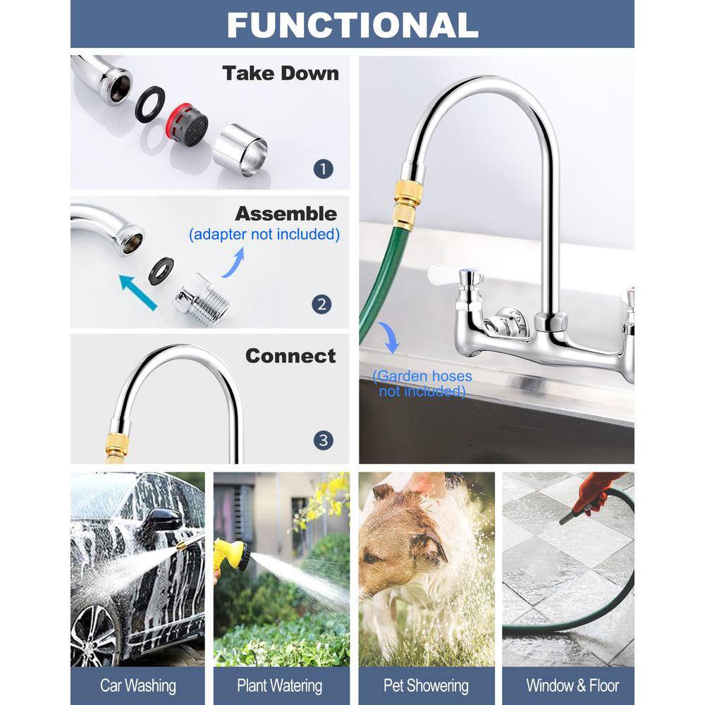 Polished Chrome Double Handle Wall Mount Kitchen Faucet
