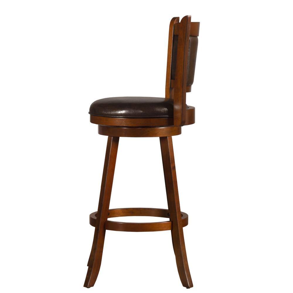 Dennery Cherry Wood Swivel Barstool with Brown Upholstery