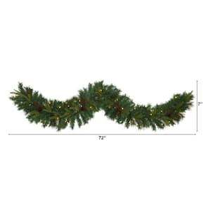 6 ft. Battery Operated Pre-lit Mixed Pine Artificial Christmas Garland with 35 Clear LED Lights, Berries and Pinecones