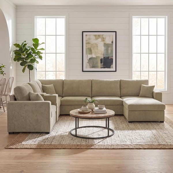 134.3 in. Chenille Rectangle Sectional Sofa with Chaise Lounge, Cup Holders, Storage Drawer and Pillows in Brown