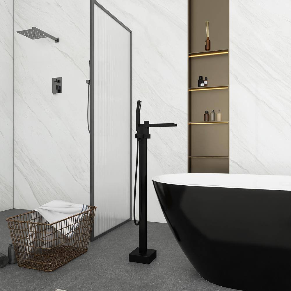 Matte Black Brass Floor-Mounted Freestanding Tub Filler