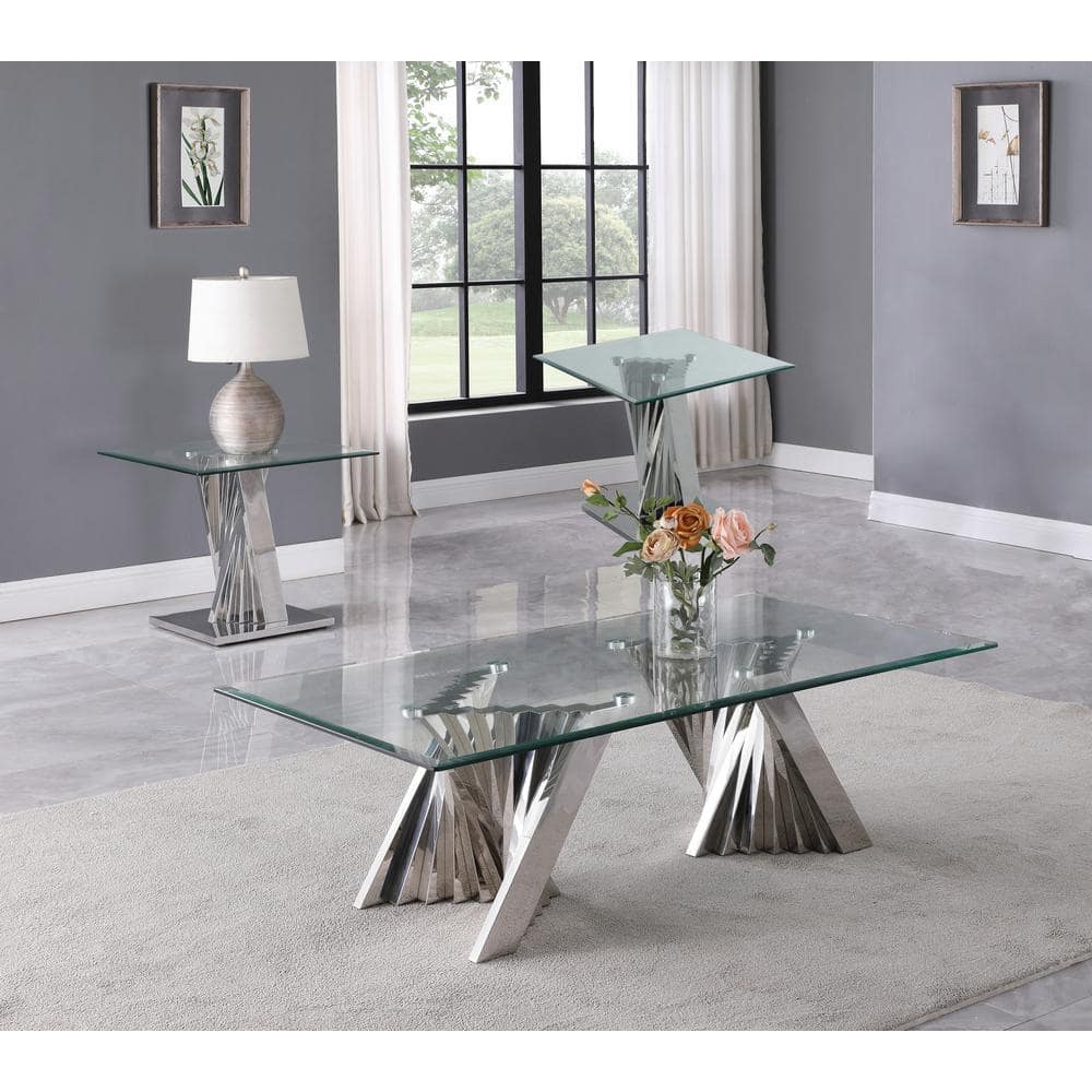 Geometric Clear Glass Coffee Table Set with Silver Stainless Steel Base