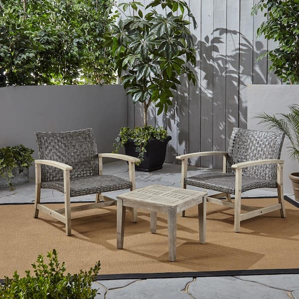 Noble House Hampton Mixed Black 3-Piece Wood Outdoor Patio Conversation Seating Set