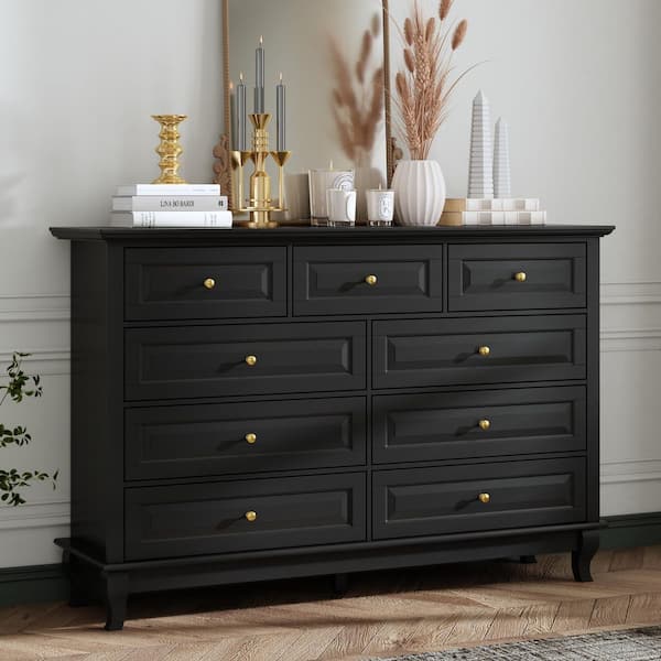 FUFU&GAGA 9-Drawer Black Wood Dresser Bedroom Storage Cabinet Modern Style 37 in. H x 55.1 in. W x 15.7 in. D