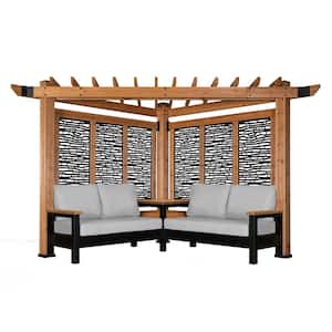 Tuscany 9 ft. x 9 ft. Light Brown Wooden Cabana Pergola with Bamboo Privacy Panels and Pumice Conversation Seating
