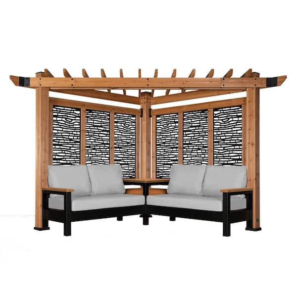 Backyard Discovery Tuscany 9 ft. x 9 ft. Light Brown Wooden Cabana Pergola with Bamboo Privacy Panels and Pumice Conversation Seating