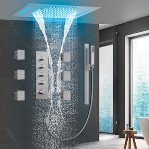 LED 15-Spray 23 x 15 in. Dual Ceiling Mount Fixed and Handheld Shower Head Thermostatic Valve in Brushed Nickel