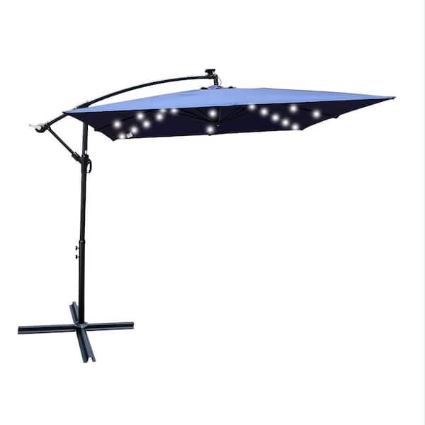 Sudzendf 8.2 ft. x 8.2 ft. Square Solar Powered LED Lighted Market Patio Umbrella in Navy Blue, with Crank and Cross Base