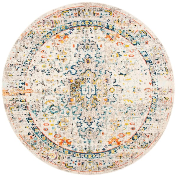 SAFAVIEH Madison Cream/Blue 11 ft. x 11 ft. Border Geometric Floral Medallion Round Area Rug