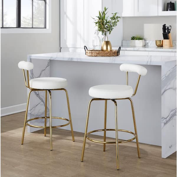 Lumisource Rhonda 26 in. Gold Metal and White Faux Leather Fixed-Height Counter Stool (Set of 2)