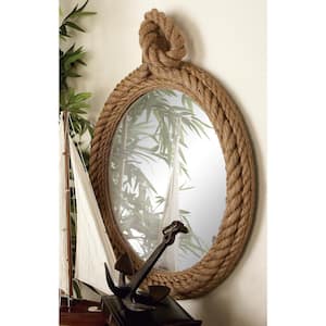 34 in. x 23 in. Round Framed Brown Wall Mirror with Rope Accents