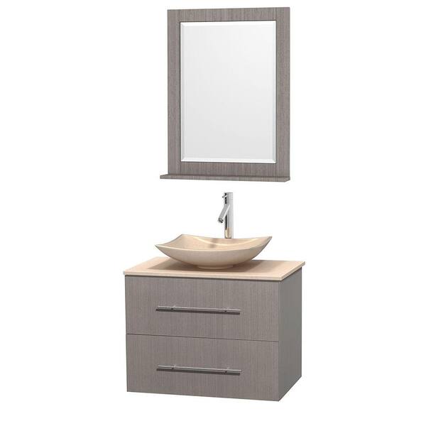 Wyndham Collection Centra 30 in. Vanity in Gray Oak with Marble Vanity Top in Ivory, Marble Sink and 24 in. Mirror