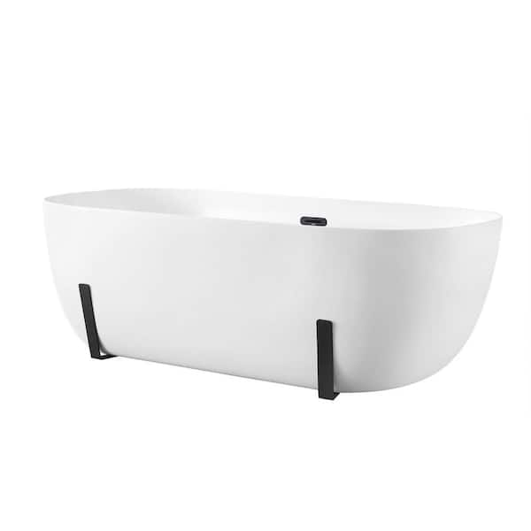 Sayuri 63 in. Freestanding Flatbottom Soaking Bathtub with Center Drain in White Including Black Hardware