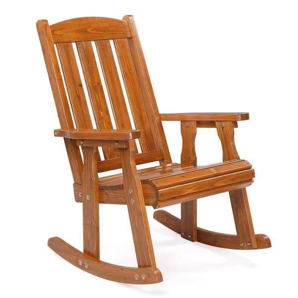 Karl home Teak Colored Fir Wood Backrest Wooden Outdoor Rocking Chair