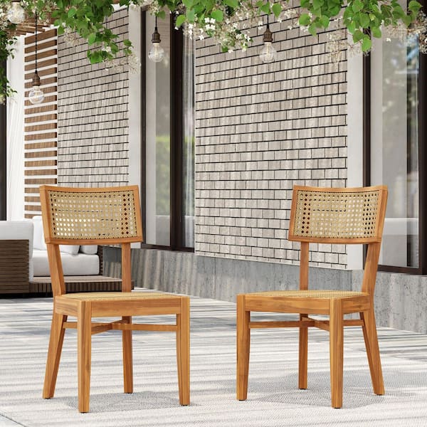 Ellery Rustic Teak Finish Solid Wood Outdoor Dining Chairs with Light Brown Wicker Woven Seat and Backrest, Set of 2