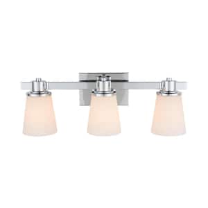 3-Light Chrome Bath Vanity Light with Bell Shaped Etched White Glass