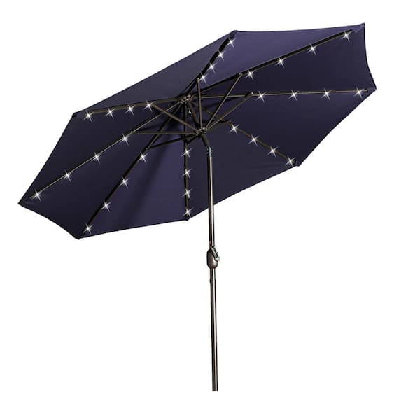 Boyel Living 9 ft. Patio Umbrella Outdoor Market 32-LED Solar Umbrella with Tilt and Crank (Navy Blue)