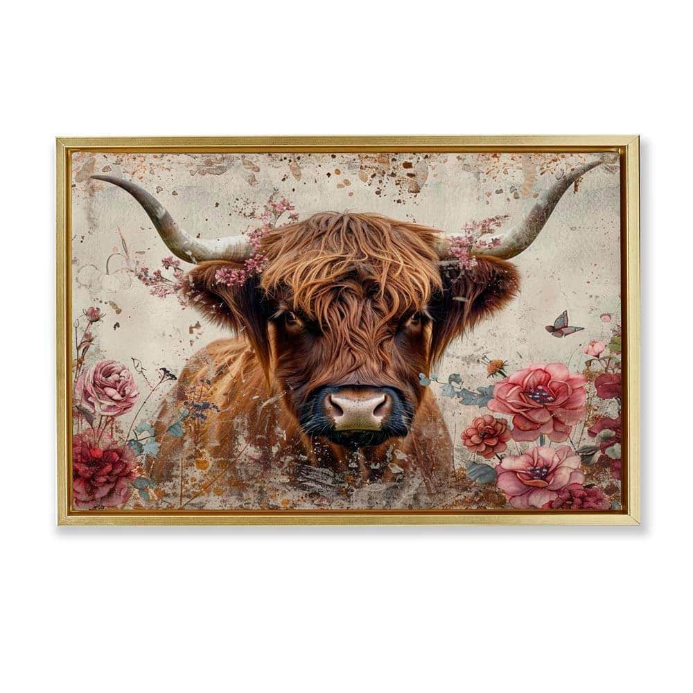 Stupell Industries Highland Cow in Spring by LSR Design Studio Gold ...
