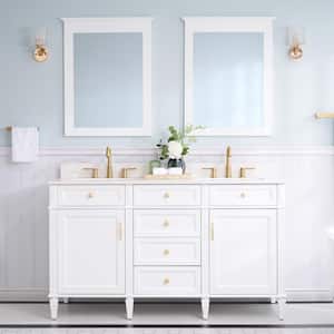 60 in. W x 22 in. D x 35 in. H Solid Wood Freestanding Bath Vanity in White with Carrera White Quartz Top