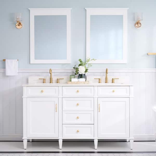 ANGELES HOME 60 in. W x 22 in. D x 35 in. H Solid Wood Freestanding Bath Vanity in White with Carrera White Quartz Top
