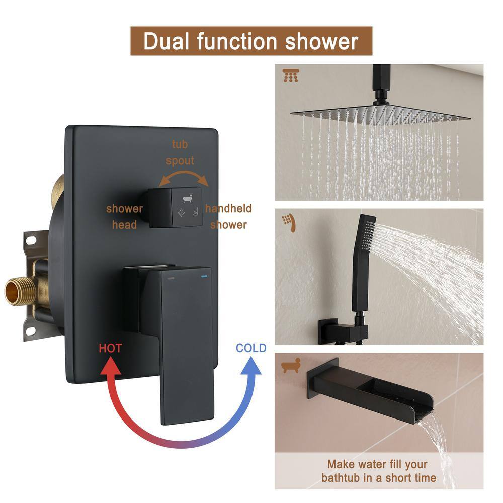 Matte Black 10-Inch Ceiling-Mounted Shower System with Handheld and Tub Filler