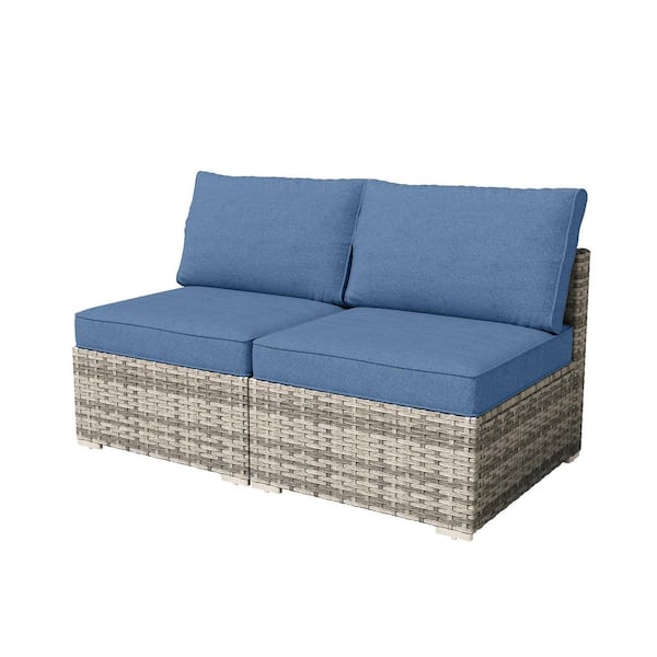 Chic 2 Pieces Wicker Patio Conversation Seating Sofa Set with Denim Blue Cushions