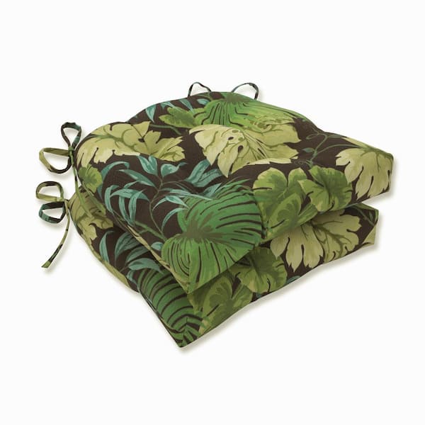 Pillow Perfect Floral 17.5 in. x 17 in. Outdoor Dining Chair Cushion in Green/Brown (Set of 2)