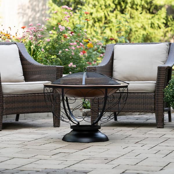 29 in. Round Steel Wood Fire Pit with Porcelain Bowl