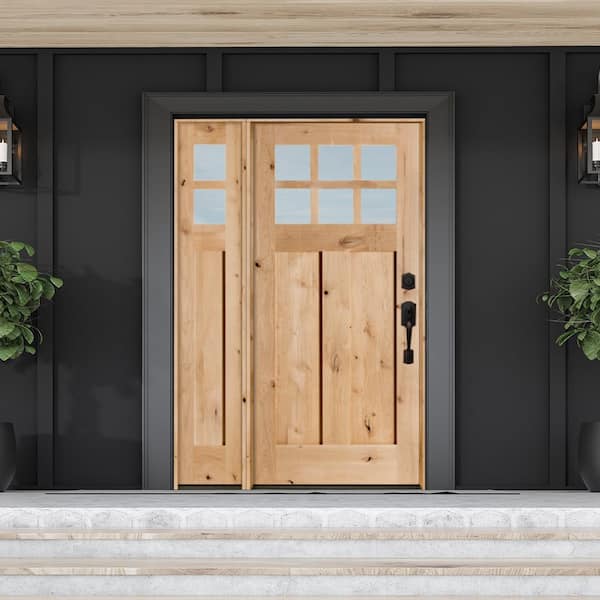 50 in. x 80 in. Craftsman Alder 2 Panel Left Hand 6 Lite Clear Glass Clear Stain Wood Prehung Front Door /Left Sidelite