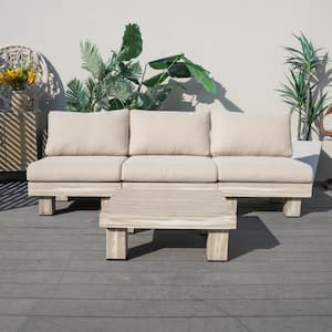 Choi 4-Piece Aluminum Outdoor Patio Wood Grain Sectional Conversation Set with White Cushions