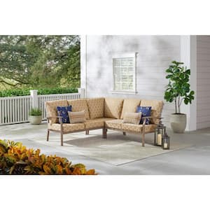 Beachside Rope Look Wicker Outdoor Patio Sectional Sofa Seating Set with CushionGuard Toffee Trellis Tan Cushions