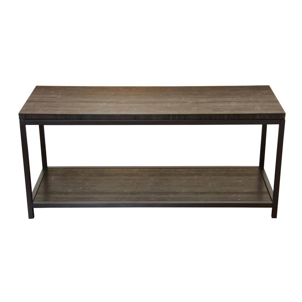Modern Brushed Brown Bamboo & Matte Black Steel Console Bench with Storage
