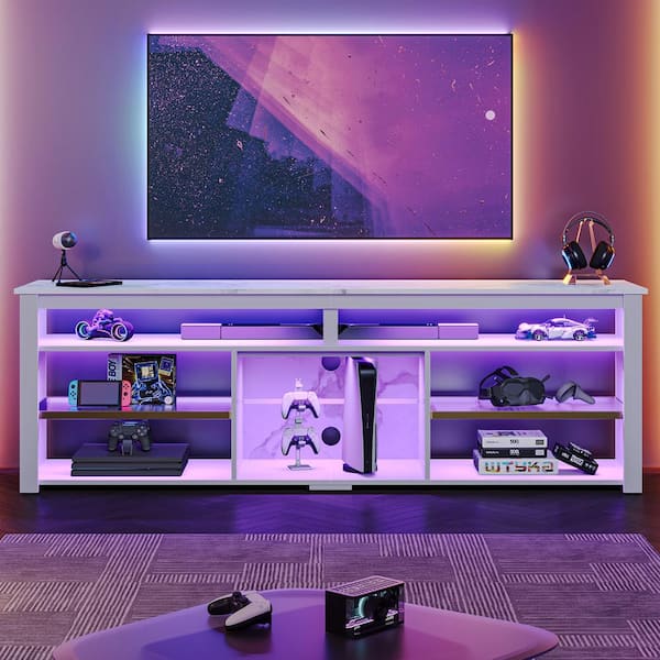 Bestier 71 in. White Marble Color TV Stand FIts TV's Up to 75 in. LED Entertainment Center with Adjustable Shelve and Cabinet
