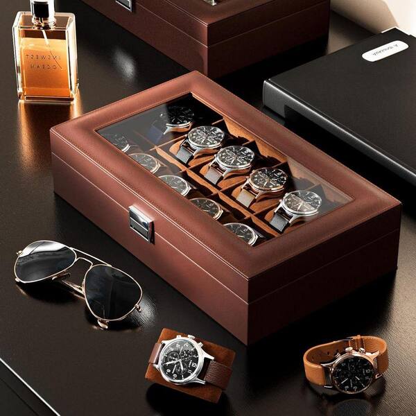 Brown 12-Slot PU Leather Watch Box with Glass Lid Z0CJ2PR46D - The