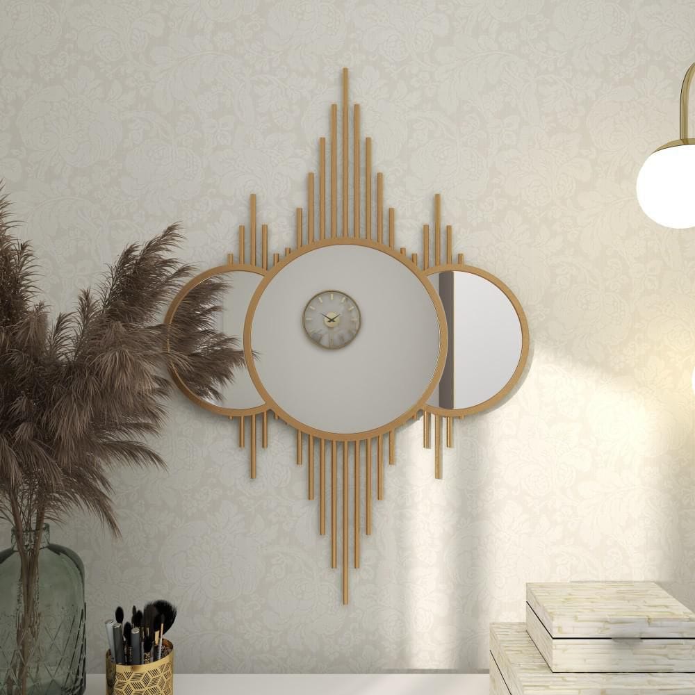 Elegant Sunburst Gold Wall Mirror with Triple Circle Fusion Design, 27" x 39"