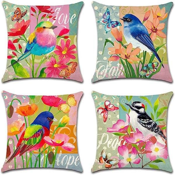 Unbranded Outdoor Set of 4 Waterproof Throw Pillow Covers 18 in. x 18 in., Flower Bird Butterfly Pattern Decorative Cushion Covers
