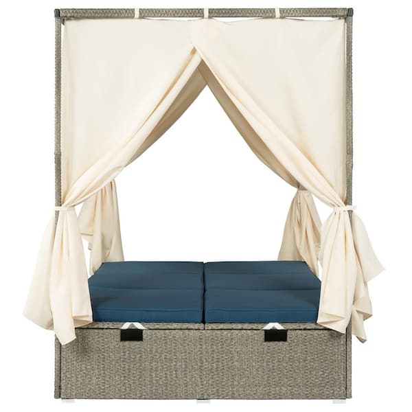 1-Piece Wicker Outdoor Day Bed with Dark Blue Cushions and Curtain