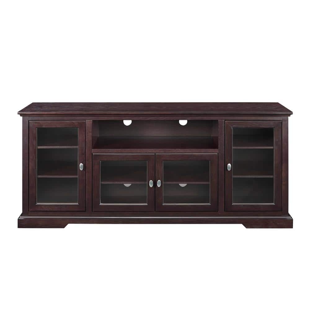 Espresso 70" TV Stand with Glass Cabinets and Shelves