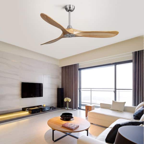 60 in. Outdoor Brushed Nickel Ceiling Fan with 3 Solid Wood Blades, Remote Control and Reversible DC Motor
