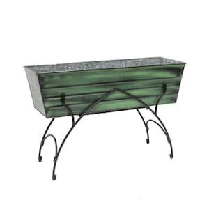 35.25"L Rectangular Classic Green, Galvanized Steel Indoor Outdoor Large Flower Box w/Black Wrought Iron Bella Stand