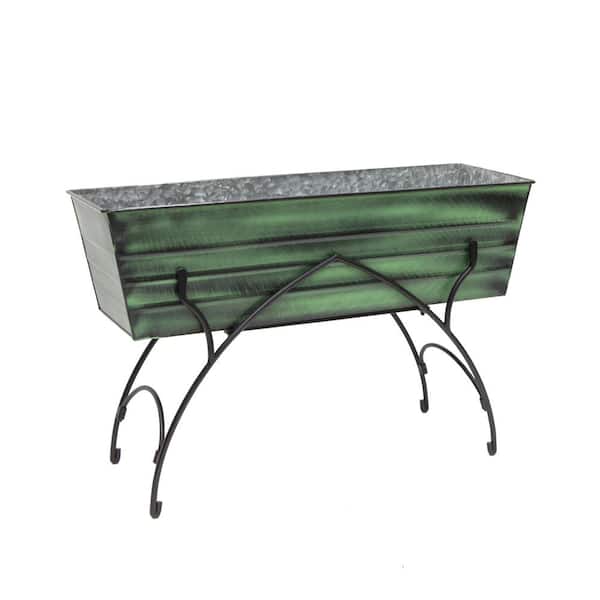 ACHLA DESIGNS 35.25"L Rectangular Classic Green, Galvanized Steel Indoor Outdoor Large Flower Box w/Black Wrought Iron Bella Stand