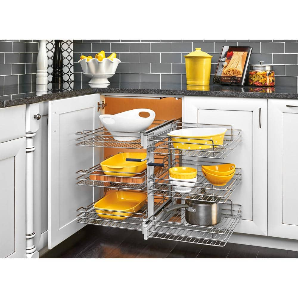 Rev A Shelf 15 In Corner Cabinet Pull Out Chrome 3 Tier Wire Basket Organizer With Soft Close Slides 5psp3 15sc Cr The Home Depot